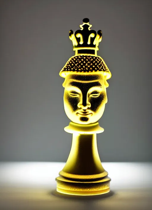 Image similar to queen chess piece photo, beautiful veil of led point lights, pearlescent skin, very detailed, highly detailed background, photorealism, sharp focus, photorealism,zen, soft diffuse autumn lights, some sunlight ray, dark room wall, canon 5D 50 mm lens