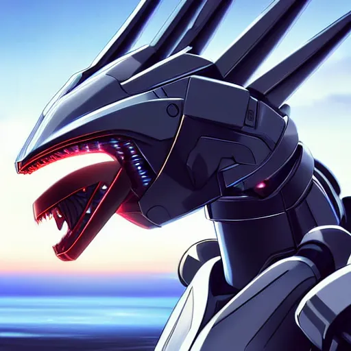 Image similar to close up maw shot, headshot, of a cute stunning robot anthropomorphic female dragon, with sleek silver armor, a black OLED visor over the eyes, her maw open in front of the camera, camera looking down into the maw, about to consume you, on the beach at sunset, highly detailed digital art, furry art, anthro art, sci fi, warframe art, destiny art, high quality, 3D realistic, mawshot, Furaffinity, Deviantart