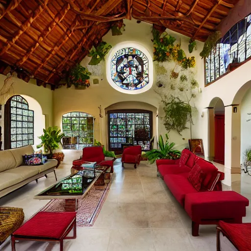 Prompt: beautiful award winning photograph of a 2 story spanish colonial living room, wide shot, biophilic, solarpunk, natural light, white walls, splashes of red and brown, stained glass window, large water feature, comfortable, harmonious, christopher alexander,