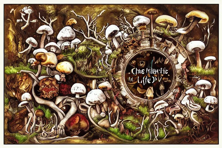 Image similar to the cycle of life shown through mushrooms, birth life aging death, love hate god devil, heaven hell,