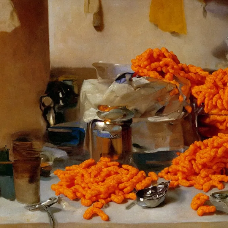 Prompt: Cheetos in a plastic bag on the counter of a 1950s suburban kitchen, oil painting by John Singer Sargent and Maxfield Parrish shocking detail hyperrealistic studio lighting