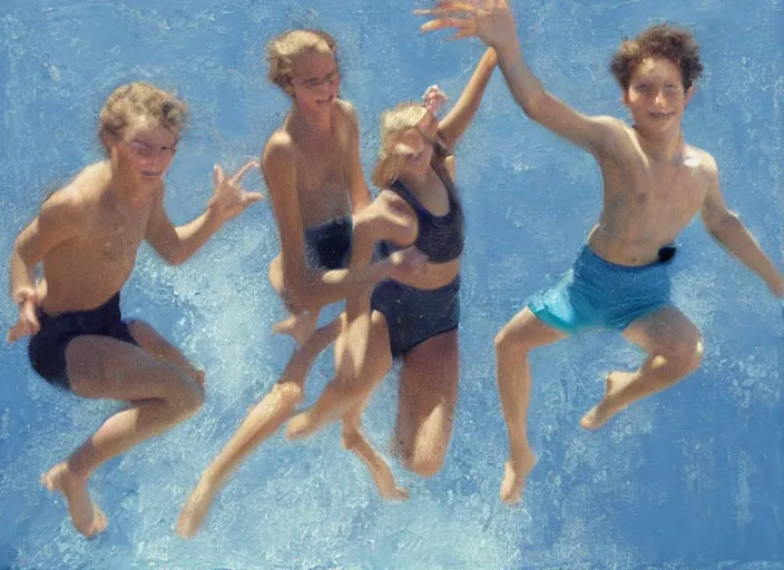 Image similar to a group of teens in the moment of jumping into a pool, oil painting by ralph maquarrie and james gurney, soft edges, subtle colours