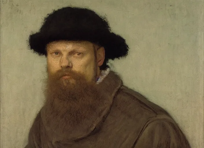 Image similar to portrait of man in the style of gustav courbet, jan van eyck, eilif peterssen, pekka halonen, finnish naturalism, realism, realist style, cynical realism, magnus enckell, jean - francois millet, jules bastien - lepage