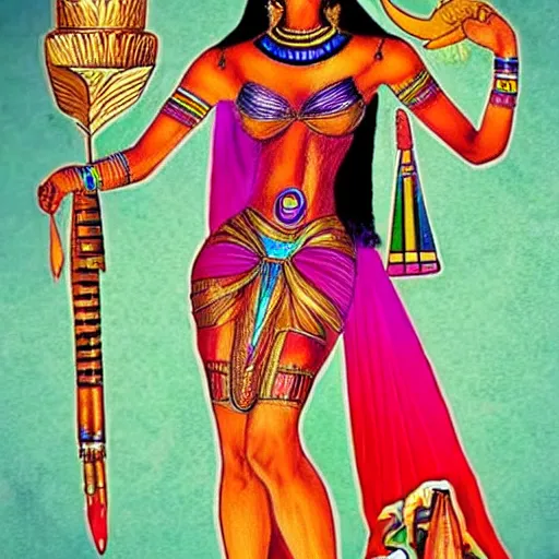 Image similar to fantasy egyptian goddess doing a magic trick, colorful, hyper realistic