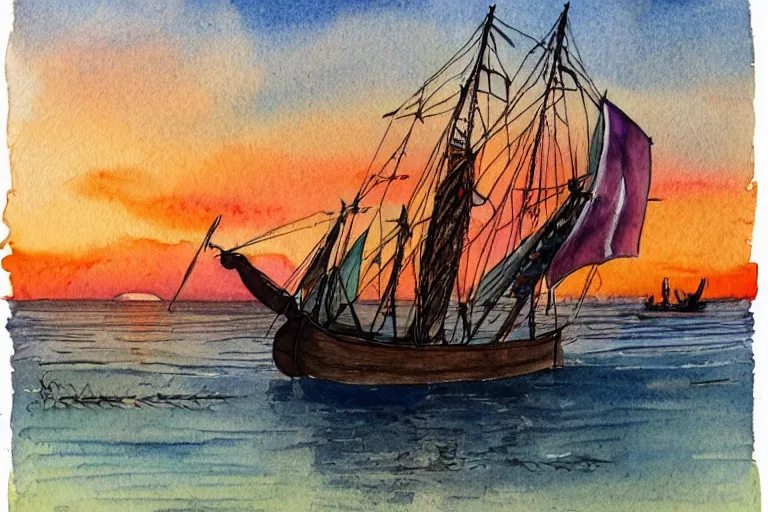 Image similar to Watercolor illustration of a viking ship against the sunset