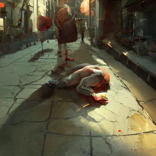 Prompt: low angle, butcher working, artwork by craig mullins, high details, octane, unreal engine, low angle!!!!, from below, worms - eye - view