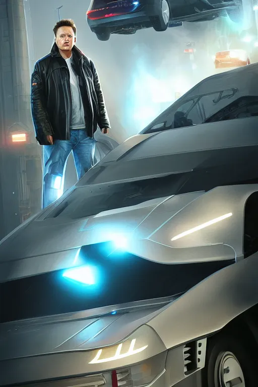 Image similar to elon musk as marty mcfly near cybertruck, realistic portrait, symmetrical, highly detailed, digital painting, artstation, concept art, smooth, sharp focus, illustration, cinematic lighting, art by artgerm and greg rutkowski and alphonse mucha