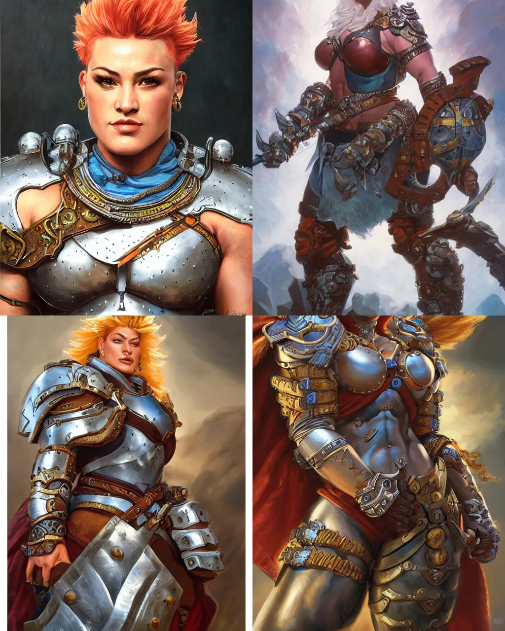 Prompt: detailed portrait of zarya from overwatch as a strong dungeons and dragons warrior wearing iron breastplate, intricate, hyper detailed, realistic, oil painting, by jeff easley, boris vallejo, cinematic lighting