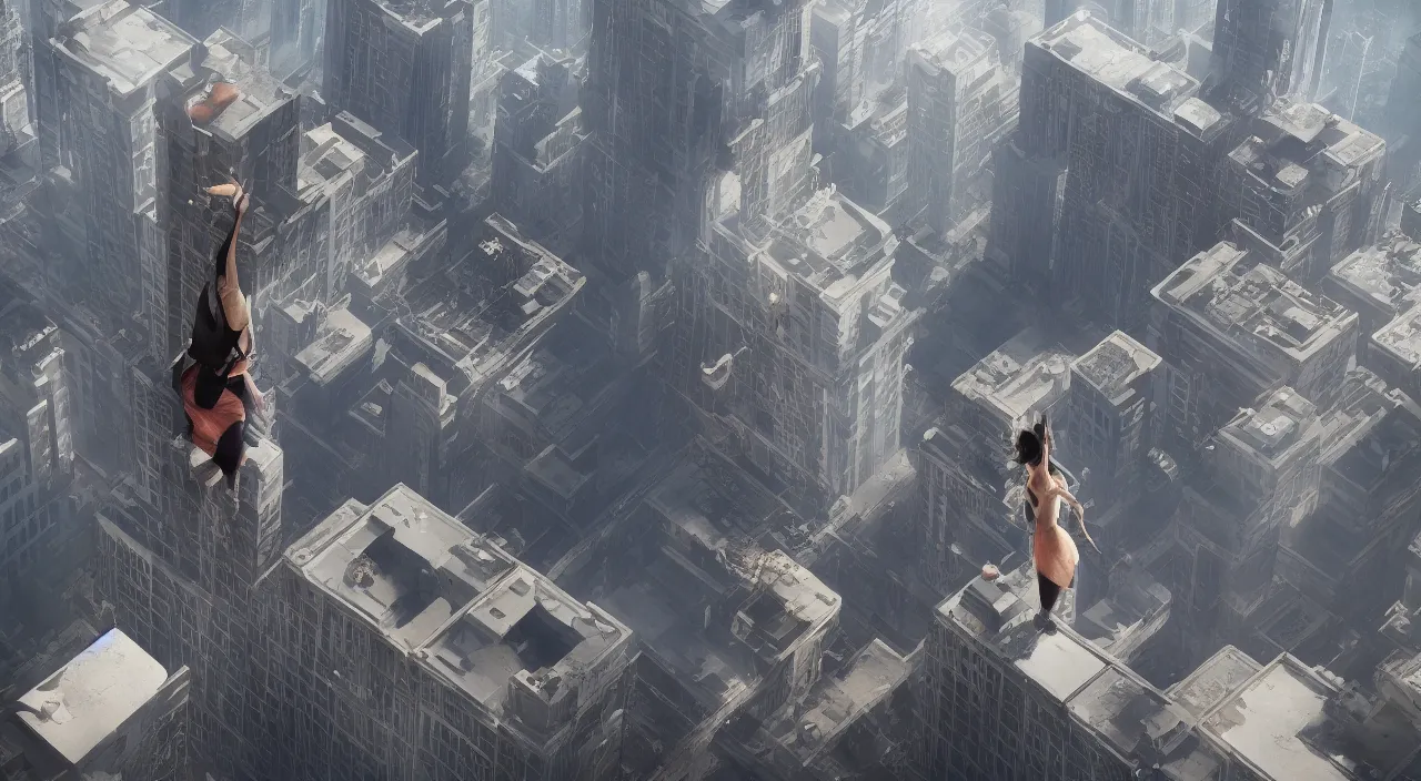 Image similar to a woman standing on top of a tall building, a detailed matte painting by Jeremy Geddes, trending on cgsociety, panfuturism, playstation 5 screenshot, unreal engine, unreal engine 5