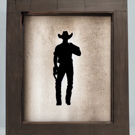 Prompt: transparent siluette of a cowboy. transperent screen - printed on top of a photo. sun - bleached highlights. sanded surface. scratches on the surface soft colors