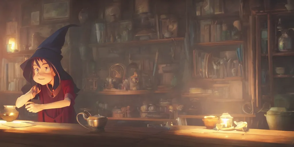 Prompt: a wholesome animation key shot of a focused witch preparing her potions at home, medium shot, waist up, studio Ghibli, Pixar and Disney animation, sharp, Rendered in Unreal Engine 5, anime key art by Greg Rutkowski, Bloom, dramatic lighting