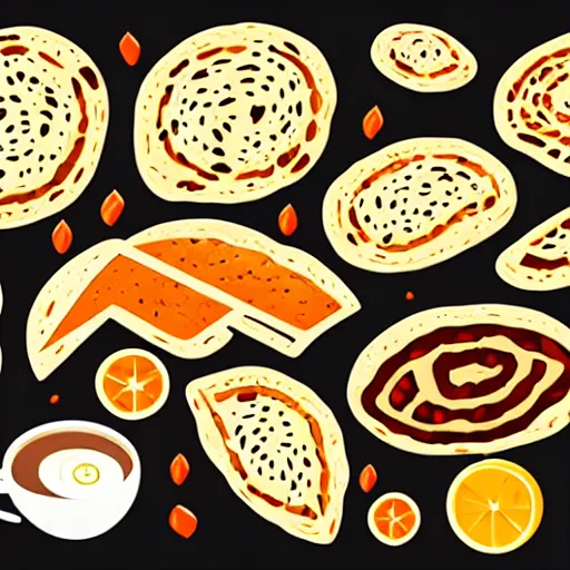 Image similar to flat bread concept art, smooth, sharp focus, illustration, delicious, 4 k, high detail, artstation, yummy, bright color, breakfast table background