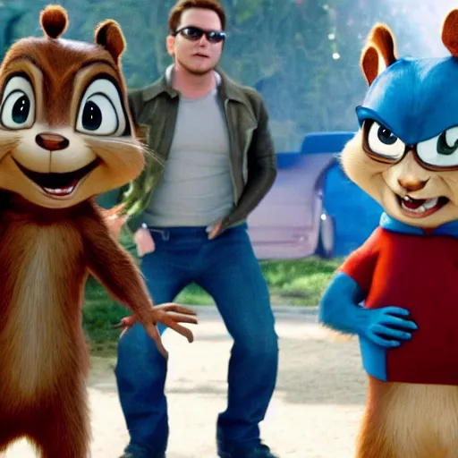 Image similar to Chris Pratt stealing Alvin and the Chipmunks