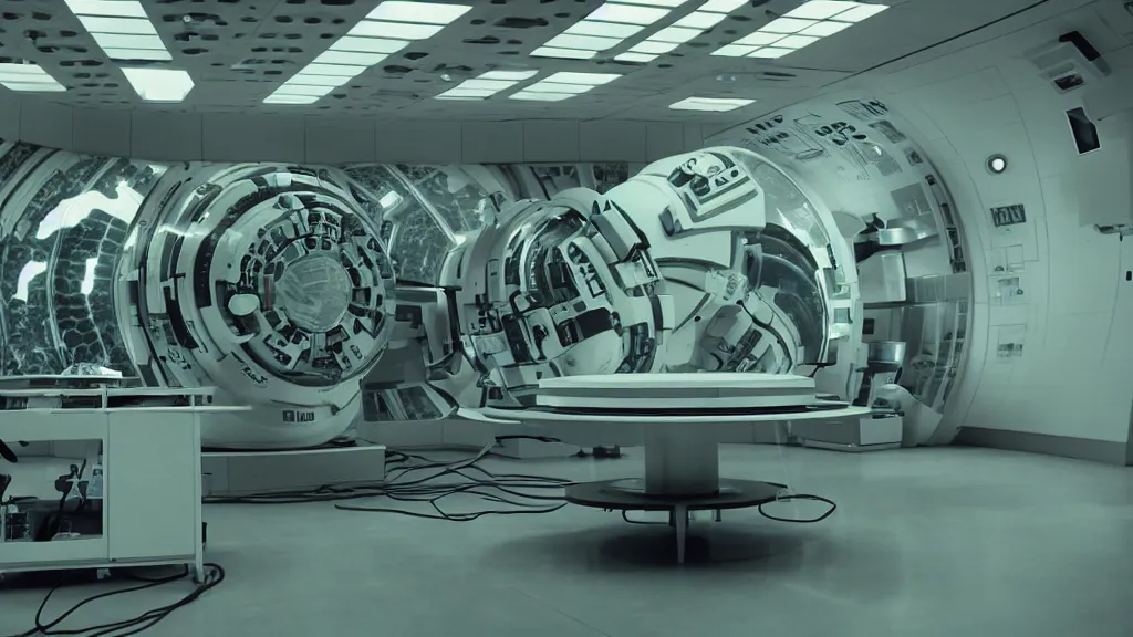 Prompt: a huge octo mri machine and control panels in the inspection room, film still from the movie directed by denis villeneuve with art direction by salvador dali, wide lens