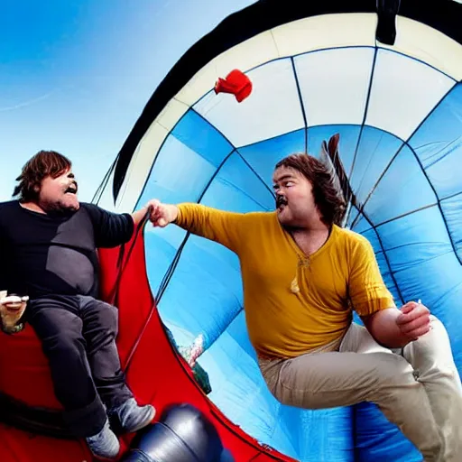 Prompt: jack black eating ice cream while riding in a hot air balloon with prince the musician, tv still, 8 k