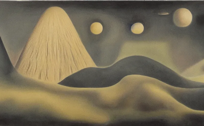 Prompt: otherworldly surreal dream-like landscape by Leonora Carrington, Gertrude Abercrombie, Dorothea Tanning, Helen Lundeberg, Kay Sage, Valentine Hugo, Toyen, Ithell Colquhoun