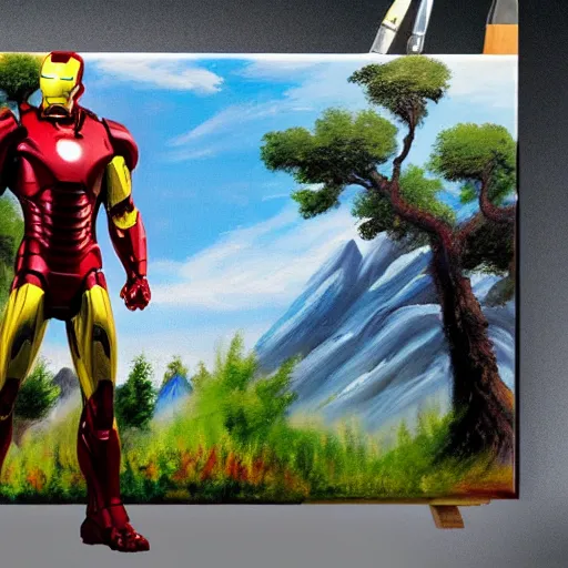 Image similar to a closeup photorealistic photograph of bob ross holding a paintbrush and diligently finishing a canvas painting of iron man. mountains and trees. film still. brightly lit scene. this 4 k hd image is trending on artstation, featured on behance, well - rendered, extra crisp, features intricate detail, epic composition and the style of unreal engine.