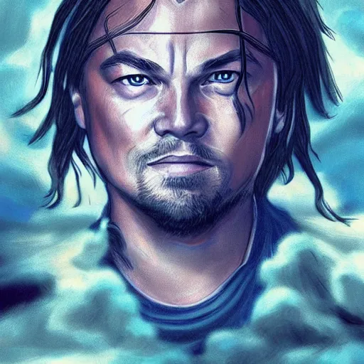 Image similar to “Leonardo DiCaprio, portrait!!! Mononoke-hime style, cartoon, blue sky with white clouds green hills and mountains on the background, fantasy, photorealistic, concept Art, ultra detailed portrait, 4k resolution”