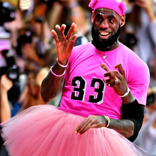 Prompt: paparazzi photo of Lebron James Lebron James Lebron James Lebron James Lebron James wearing ballet clothes, pink skirt, pink shirt, ponytail, ultra high definition, professional photography, dynamic shot, smiling, high angle view, portrait, Cinematic focus, Polaroid photo, vintage, neutral colors, soft lights, foggy, by Steve Hanks, by Serov Valentin, by lisa yuskavage, by Andrei Tarkovsky 8k render, detailed, oil on canvas, beautiful beautiful beautiful beautiful beautiful beautiful