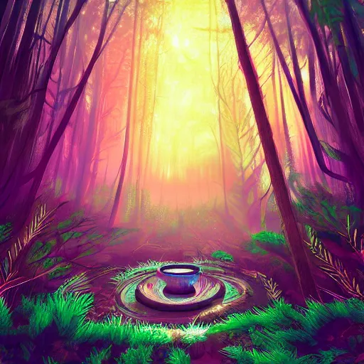 Image similar to a ancient portal to another dimension in the forest, retrowave art, vaporwave, trending on art station