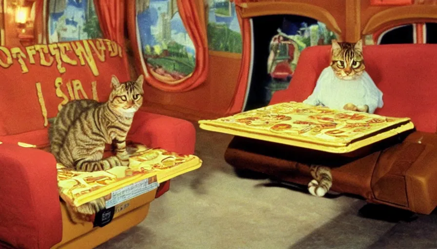 Prompt: 1990s photo of inside the Garfield Mystery Lasagna ride at Universal Studios in Orlando, Florida, riding a box with a blanket with Garfield the cat through a living room filled lasagna and coffee cups, cinematic, UHD