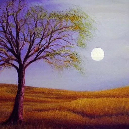 Image similar to This painting has such a feeling of peace and serenity. The tree is so still and calm, despite the wind blowing around it. The moonlight casts a soft glow over everything and the starts seem to be winking at you...