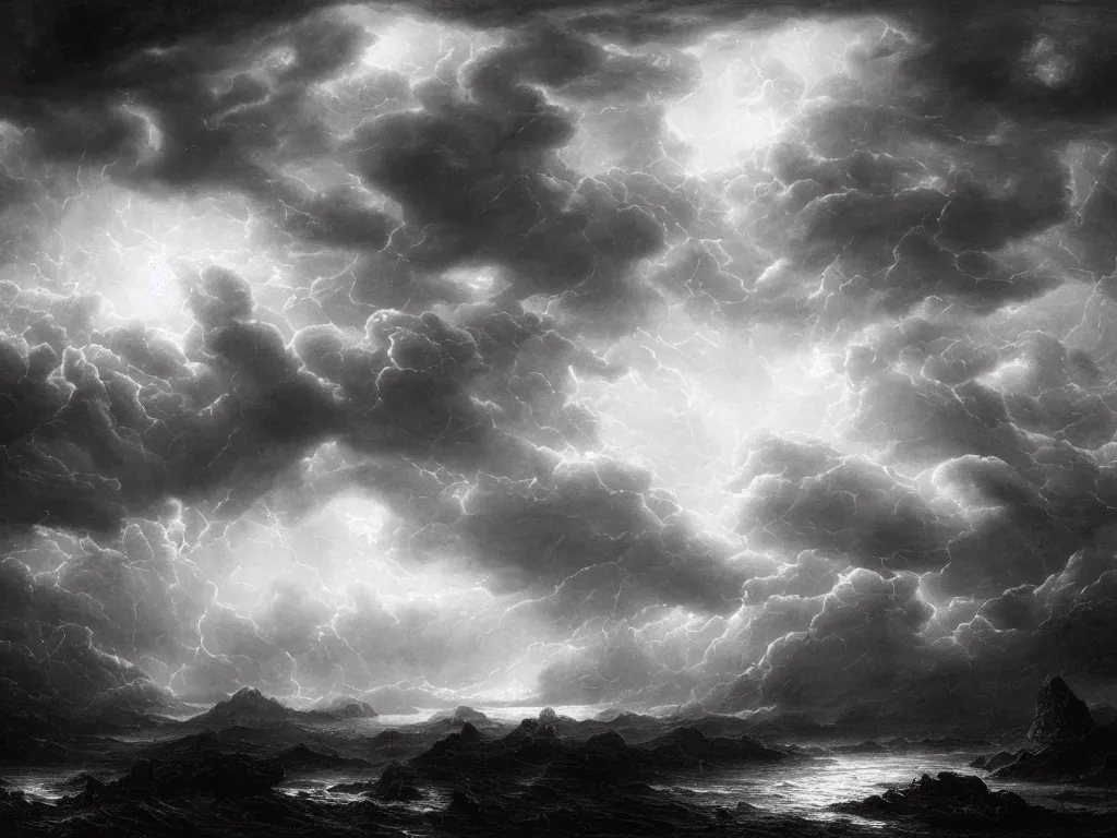 Image similar to very detailed, dark super storm, hyper realistic clouds that resemble rock formations, impressive, magical, very atmospheric, fog, cinematic, deep, very high complexity, stunning, dramatic masterpiece, iridescent, chiaroscuro, by gustave dore, caspar david friedrich, ian miller, very detailed. 4 k