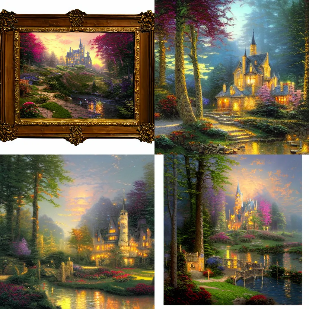 Prompt: thomas kinkade painting of a castle in the woods with lit windows