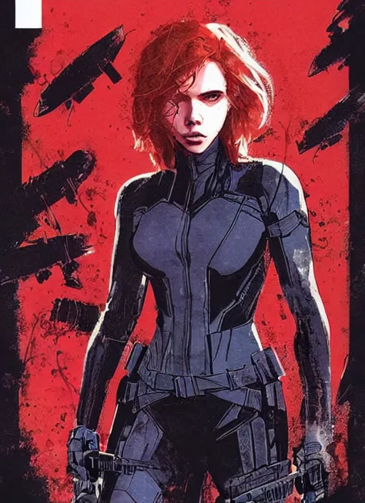 Prompt: comic cover art by david mack and greg rutkowski, black widow full body, tight fit, vivid vector colors, russian female, perfectly symmetrical facial features, hyperdetailed, bleed, spatter, india ink, bill sienkiewicz