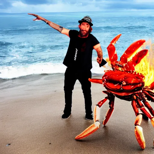 Image similar to jovanotti fighting a giant flaming enemy crab on a beach