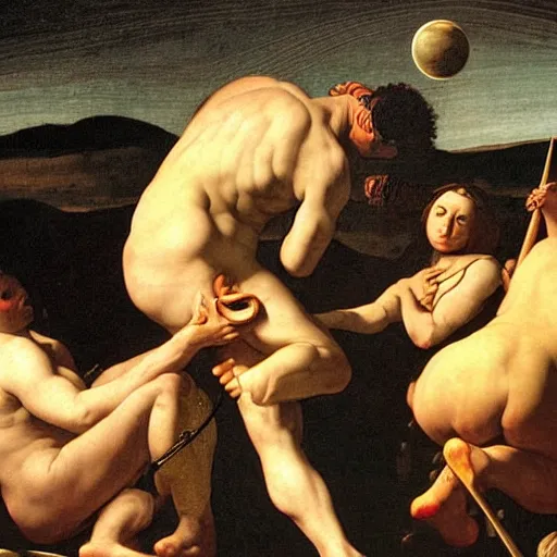 Prompt: the god saturn with his obsidian skin stands proudly in the wheat fields, by caravaggio and roberto ferri, oil painting, detailed, mystical