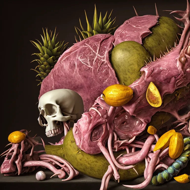 Prompt: still life of beautiful pastel tropical alien flowers, skull, human body parts, tropical fruit, human spine, rotten meat flesh with colorful mold, muscle tissue, spikes, baroque painting, beautiful detailed intricate insanely detailed octane render, 8K artistic photography, photorealistic, chiaroscuro, Raphael, Caravaggio