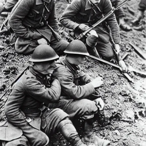 Image similar to ww 1, in the trenches. two soldiers fixing a telegraphy line while their corps is under attack