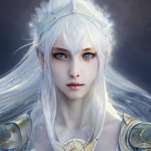 Image similar to portrait white hair knights of Zodiac girl, Sliver ice color reflected armor, in ruined Agora of Athens Sunrise, ssci-fi and fantasy, intricate and very very beautiful and elegant, highly detailed, digital painting, artstation, concept art, smooth and sharp focus, illustration, art by tian zi and WLOP and alphonse mucha