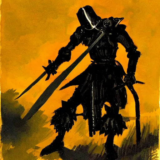 Image similar to Crying knight impaling comrade with sword in the style of Jeffrey Catherine Jones