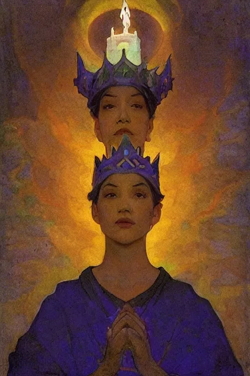 Image similar to child of darkness with their crown and lantern, by Nicholas Roerich and Annie Swynnerton and and jean delville, dramatic cinematic lighting , ornate headdress , flowing robes, sacred artifacts, lost civilizations, smooth, sharp focus, extremely detailed