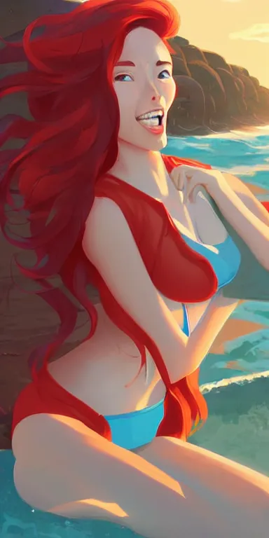 Image similar to lois van baarle, artgerm, helen huang, by makoto shinkai and ilya kuvshino, rossdraws, illustration, art by ilya kuyshuno. cute scarlet red haired cyborg woman, denim shorts, at beach at sunset, beautiful face, smiling, clean cel shaded vector art, exaggerated proportions