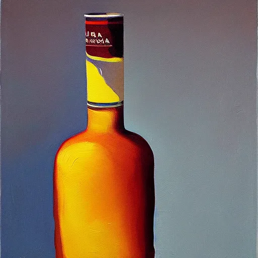 Prompt: ultrafine detailed painting of an vodka bottle on top of a table, still life by julian schnabel and john chamberlain, tonalism, oil on canvas, surrealist painting, behance, academic art