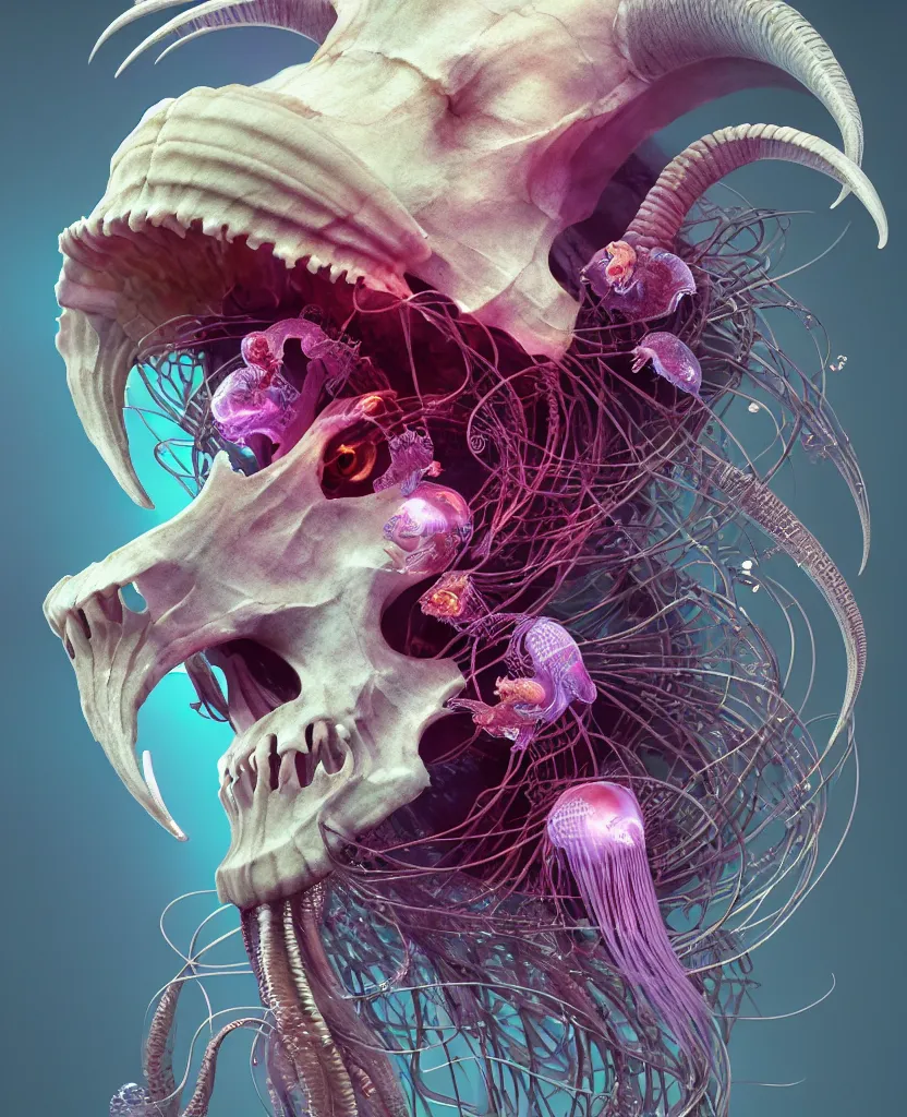 Image similar to goddess close-up portrait goat skull. jellyfish phoenix head, nautilus, orchid, skull, betta fish, bioluminiscent creatures, intricate artwork by Tooth Wu and wlop and beeple. octane render, trending on artstation, greg rutkowski very coherent symmetrical artwork. cinematic, hyper realism, high detail, octane render, 8k