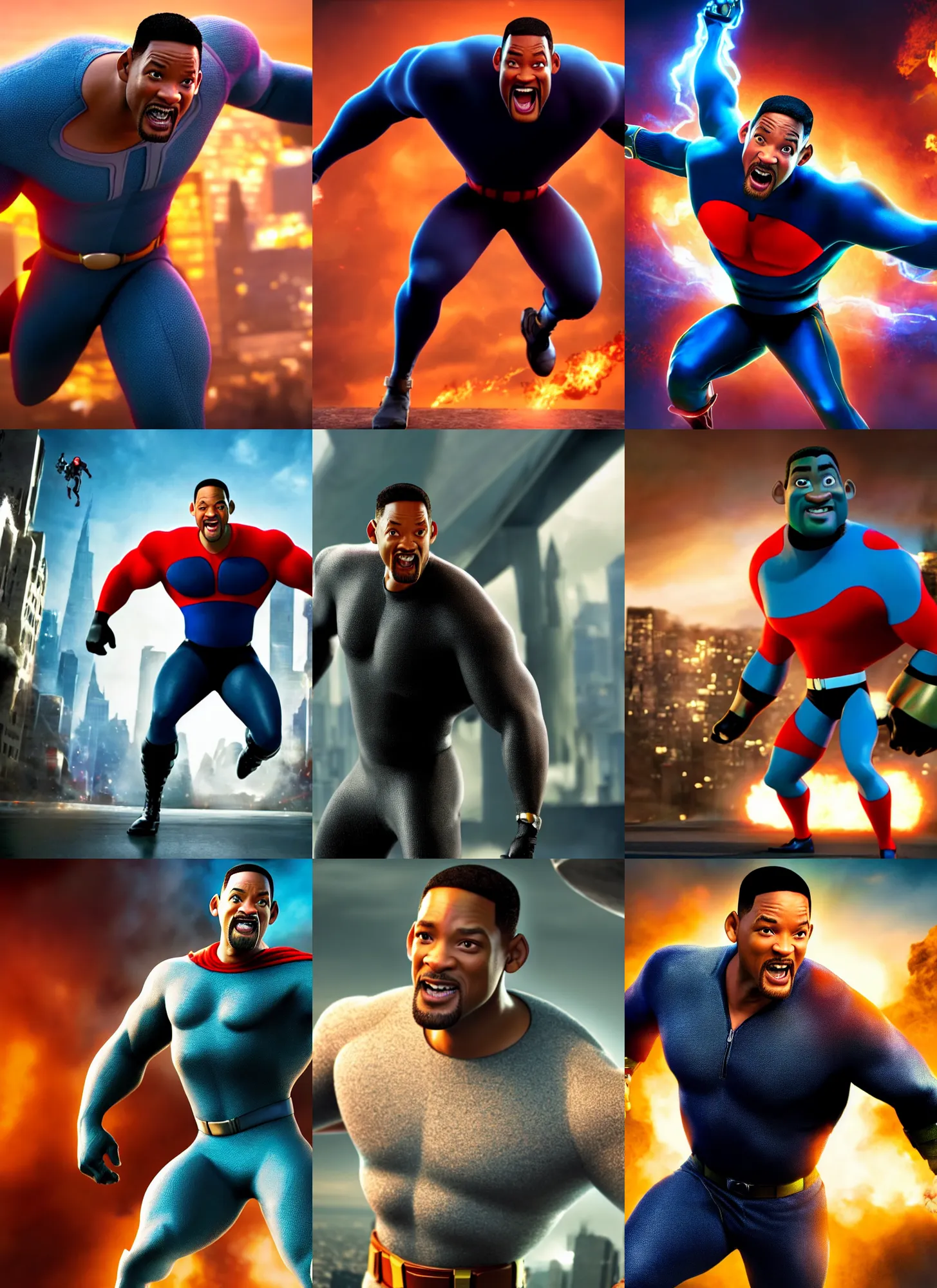 Prompt: a movie still of will smith as mr incredible, detailed, 3 d art, cell shaded, dynamic lighting, heroic pose, 8 k hdr movie still