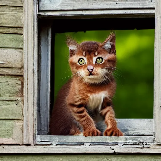 Prompt: A very angry brown kitten is sitting in front of a window. Bright green trees are behind the window. Very detailed 85mm shot, 4K, dramatic lighting