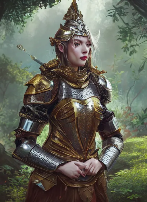 Image similar to Beautiful art portrait of a female fantasy queen in plate armour in a bright temple surrounded by lush forest, atmospheric lighting, intricate detail, cgsociety, hyperrealistic, octane render, RPG portrait, ambient light, dynamic lighting, anime style