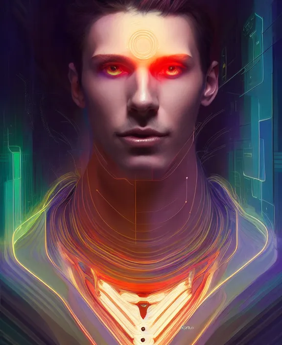 Image similar to a whirlwind inside the metaverse, guy, male, man, hologram, half body, neurochip, android, cyborg, cyberpunk face, by loish, d & d, fantasy, intricate, elegant, highly detailed, colorful, digital painting, artstation, concept art, art by artgerm and greg rutkowski and alphonse mucha