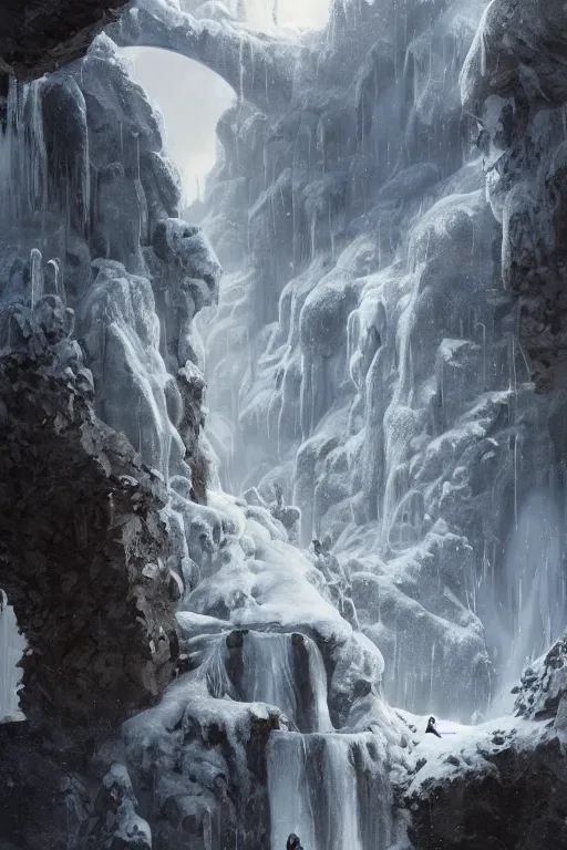 Prompt: crytal palace on top of a waterfall in the snow, blizzard, a small stream runs beneath the waterfall, landscape, raphael lacoste, eddie mendoza, alex ross, concept art, matte painting, highly detailed, rule of thirds, dynamic lighting, cinematic, detailed, denoised, centerd