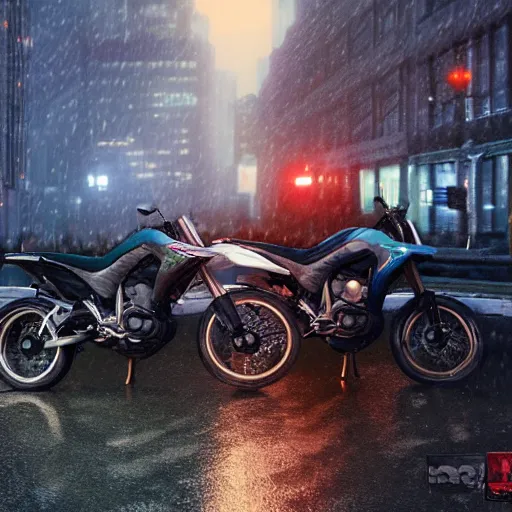 Prompt: highly detailed, photo realistic, drz 4 0 0 s at night in the rain driving on a city street, dense fog, unreal engine, by greg rutowski, by stanley artgerm, by alphonse mucha