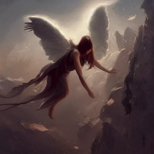 Prompt: angel falling from heaven to earth, trending in art station, by greg rutkowski