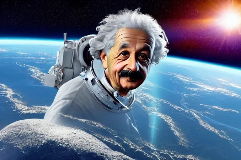Prompt: still fullbody photo of sad albert einstein in spacesuit, giant flat earth on turtles at background, highly detailed, photorealistic shot, bright studio setting, studio lighting, crisp quality and light reflections, unreal engine 5 quality render