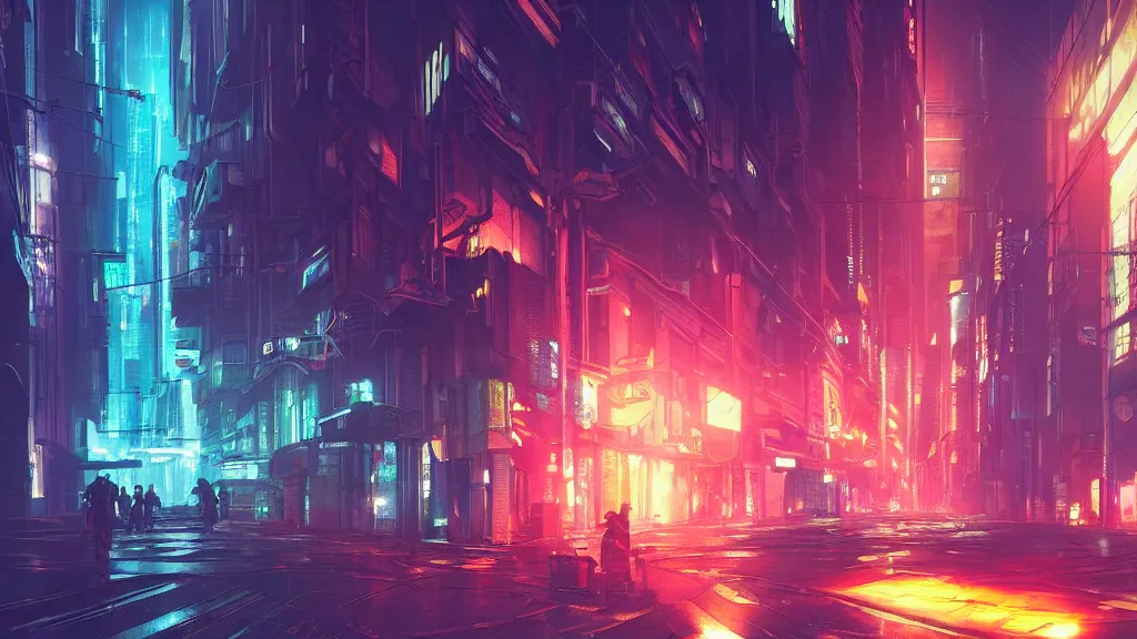Image similar to cyberpunk city streets at night, digital illustration by greg rutkowski, android netrunner, fire, colored lighting