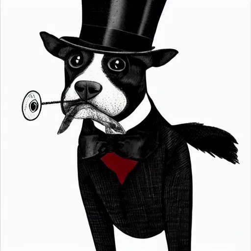 Image similar to portrait of a dog wearing a suit and a top hat and a monocle on one eye, hand drawing, red and black colors