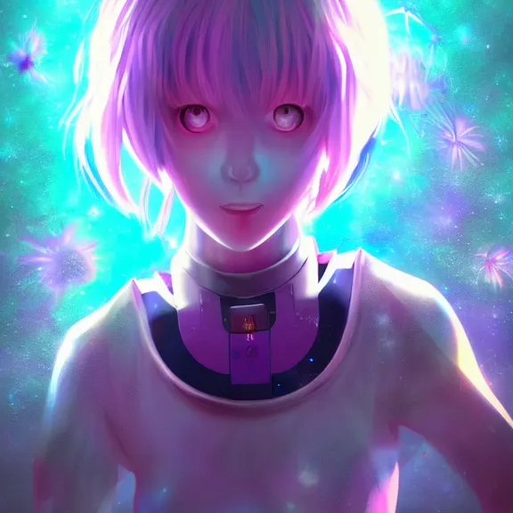 Prompt: rei ayanami, broken android kannon mindar, deep space, seascape, cosmos, psychedelic flowers, black opal, rainbow aura quartz, organic, oni compound artwork, of character, render, artstation, portrait, wizard, beeple, art, fantasy, epcot, psychedelic glitchcore